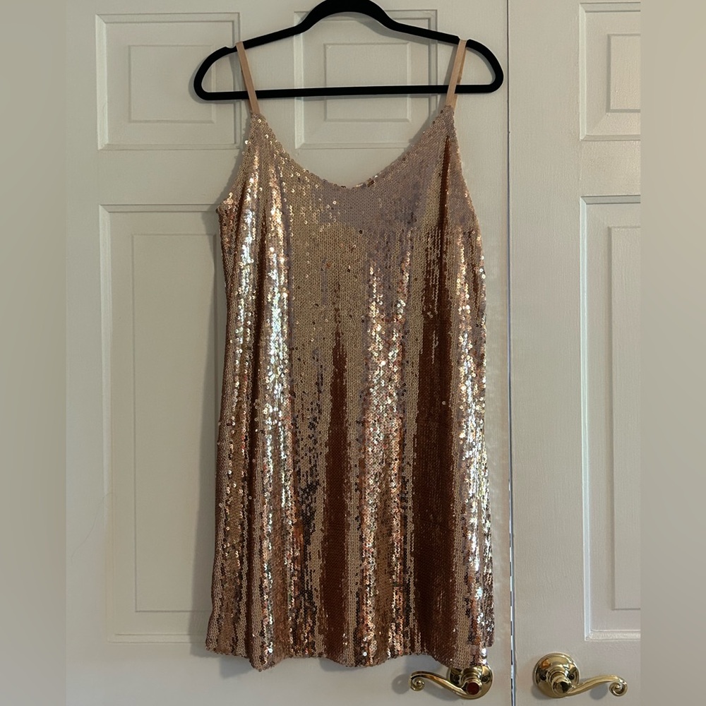 Rose gold mini dress worn to a disco dance!